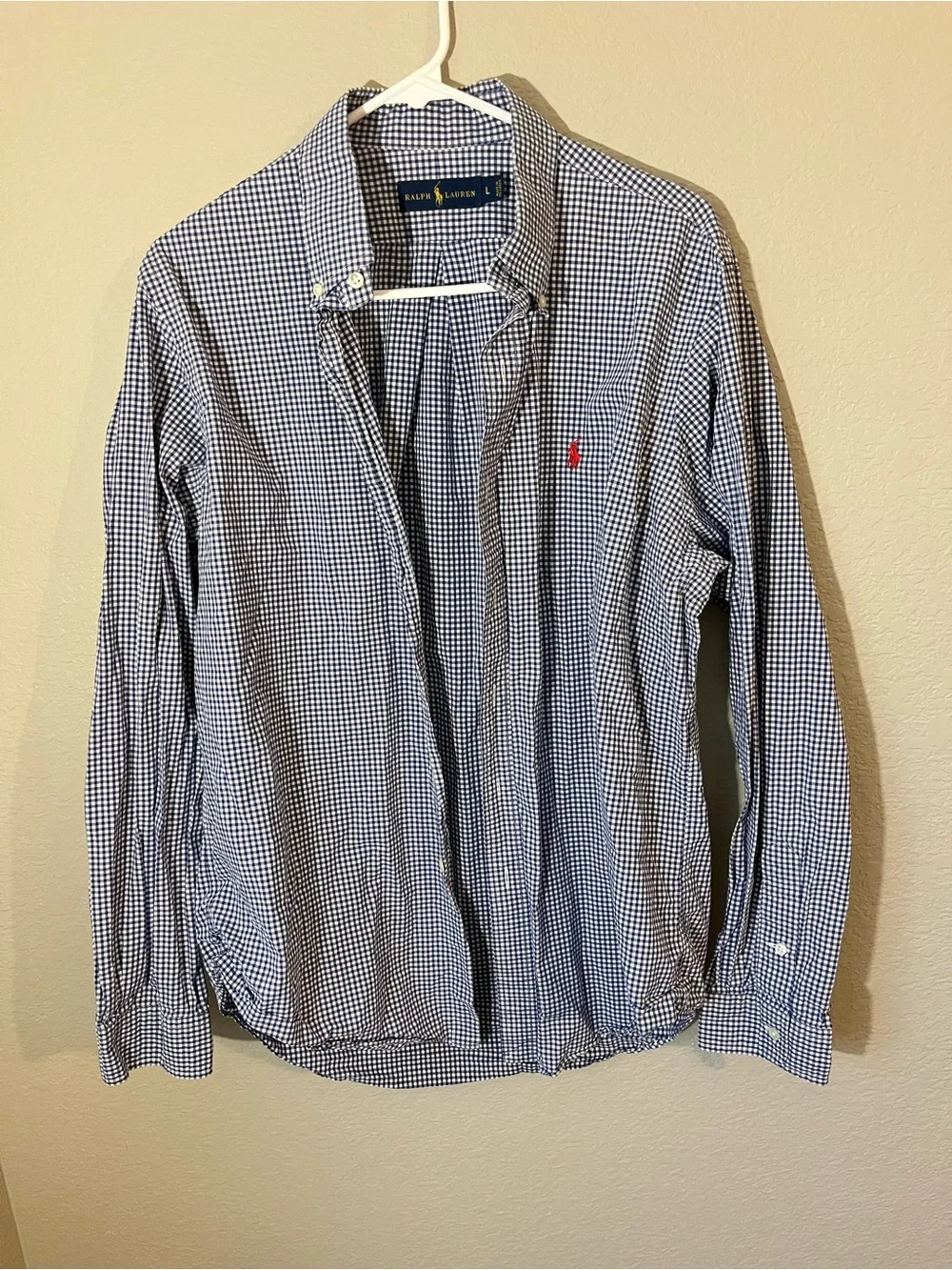 Polo Ralph Lauren Men’s L Blue White Gingham Button Down Shirt Red Pony